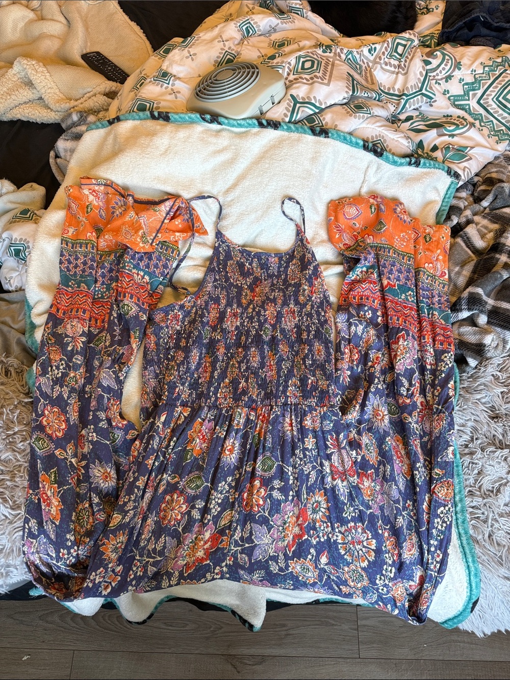 Floral Boho Off-Shoulder Peasant jump suit. Navy and Orange